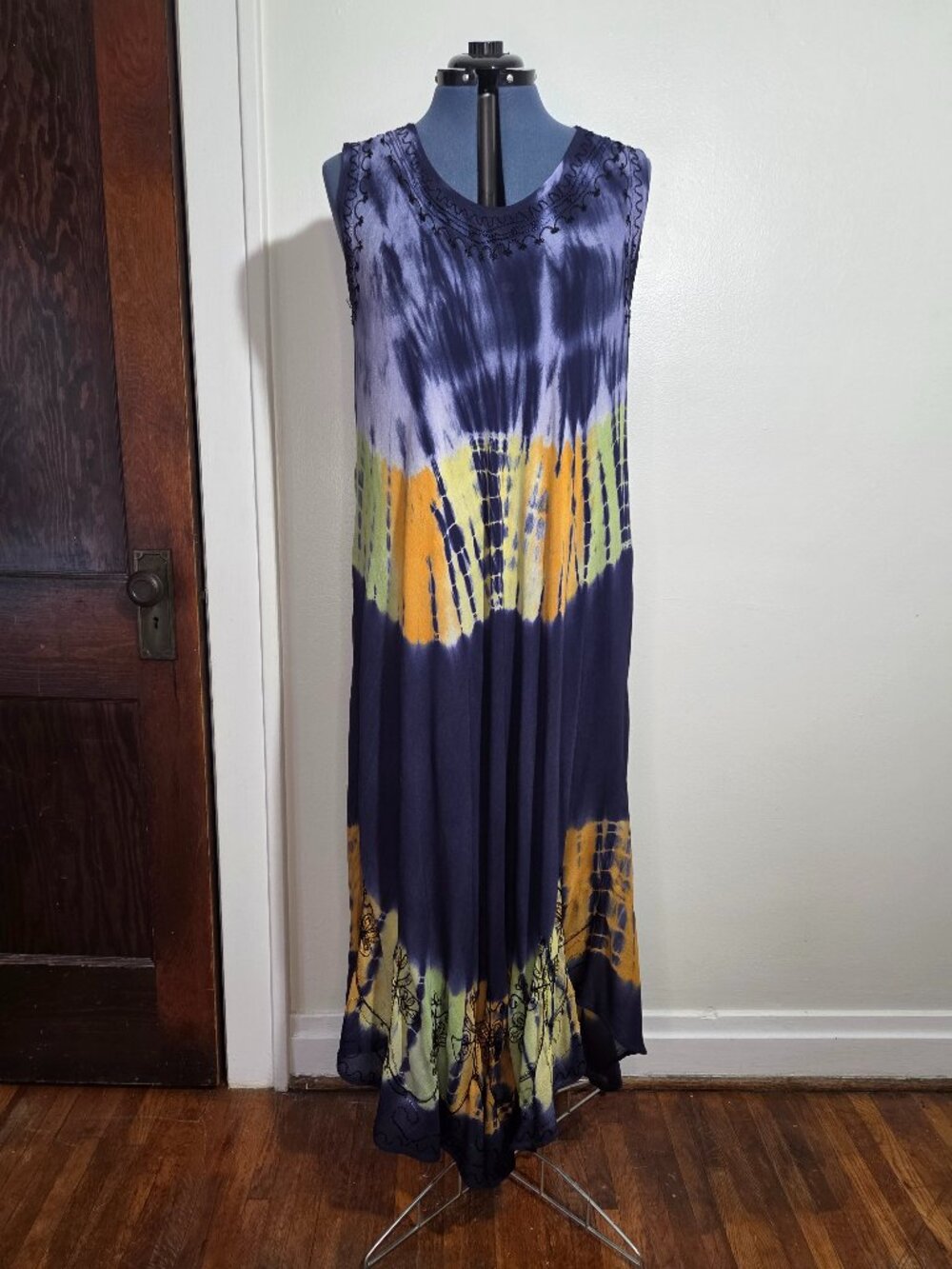 India Boutique Purple Green and Orange Tie Dye Embroidered Sleeveless Maxi Dress